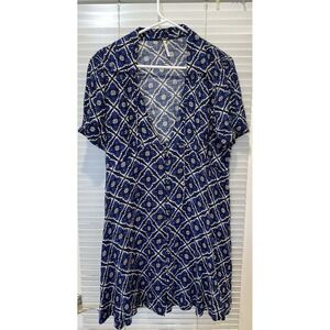 Free People Melody Mini Dress‎ Womens Sz 10 Blue Black Mosaic Geometric Button